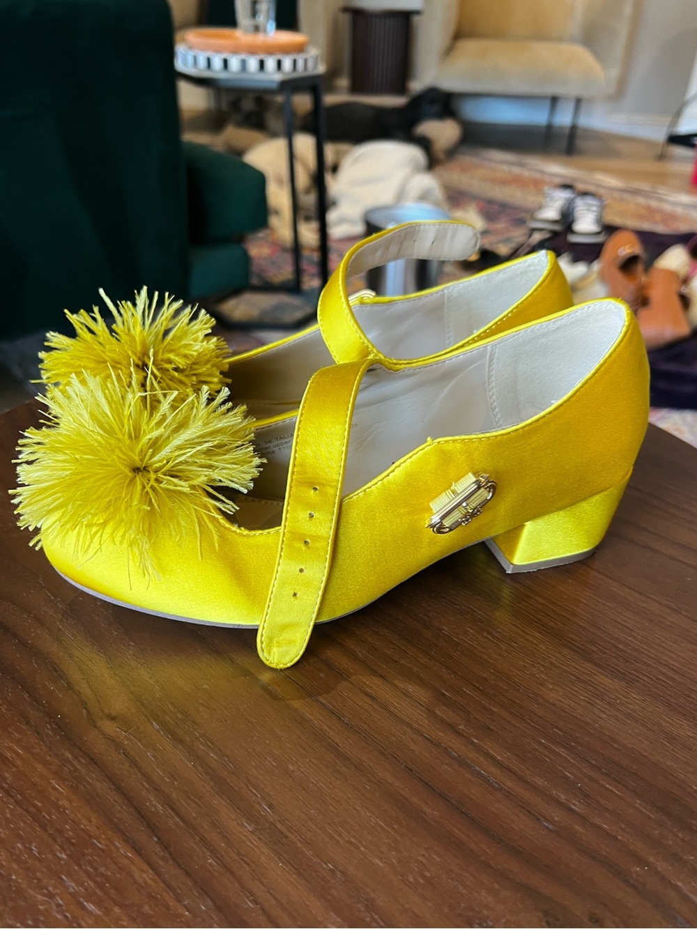 Kids Yellow Pom Mary Jane Heels